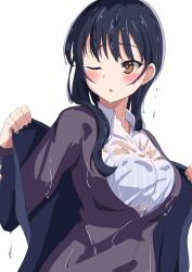 bad_id bad_pixiv_id black_hair blush boku_no_kokoro_no_yabai_yatsu bra brown_eyes cardigan collared_shirt dripping highres jacket long_hair looking_to_the_side one_eye_closed open_cardigan open_clothes open_jacket open_mouth pnsk4125 see-through_clothes shirt simple_background striped_bra striped_clothes underwear wet wet_clothes white_background yamada_anna