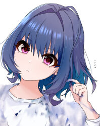 Rule 34 | ..., 1girl, ahoge, blue hair, closed mouth, hair between eyes, hair dye, hair intakes, hand up, highres, idolmaster, idolmaster cinderella girls, kakki (kackie), looking at viewer, medium hair, multicolored hair, pink eyes, safety pin earring, shirt, simple background, solo, two-tone hair, white background, white shirt, yumemi riamu