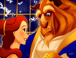 1boy 1girl beast_(disney) beauty_and_the_beast_(disney) belle_(disney) brown_eyes brown_hair dress furry furry_male gloves hetero horns jewelry long_hair nyamunekonabe princess smile toon_(style) yellow_dress yellow_gloves