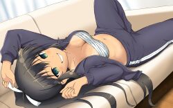 Rule 34 | 1girl, ahoge, breasts, chest sarashi, couch, dark-skinned female, dark skin, green eyes, highres, homura (senran kagura), long hair, looking at viewer, midriff sarashi, n-senpai, ponytail, ribbon, sarashi, senran kagura, senran kagura burst, senran kagura burst re:newal, senran kagura estival versus, senran kagura new link, senran kagura shinovi versus, track suit