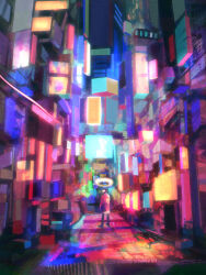 alley city dkaism from_behind full_body grate halo jacket neon_lights night original painterly red_jacket saturated surreal