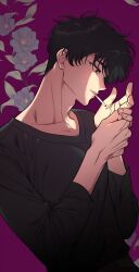 1boy absurdres black_eyes black_hair black_shirt childhood_friend_complex cigarette eunhi flower flower_request hands_up highres kim_jaehee_(childhood_friend_complex) long_hair official_art purple_background shirt simple_background solo white_flower