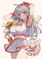 1girl armpits arms_up bare_shoulders blue_eyes blush breasts chibi commentary_request cutlass_(classic_chocolate) earrings gloves grey_hair highres jewelry large_breasts long_hair looking_at_viewer mcdonald&#039;s midriff navel red_gloves set500_(mcdonald&#039;s) shirt simple_background skirt sleeveless sleeveless_shirt smile translation_request white_background white_shirt white_skirt
