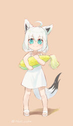 1girl aged_down ahoge animal_ears blue_eyes blush corn dress fox_ears fox_girl fox_tail full_body highres hololive looking_at_viewer null_suke sandals shirakami_fubuki short_hair simple_background sleeveless sleeveless_dress smile solo standing sundress tail twitter_username virtual_youtuber white_dress white_hair white_sandals