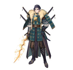 1boy absurdres armor black_footwear black_gloves black_hair commentary english_commentary felix_hugo_fraldarius felix_hugo_fraldarius_(sword_savant) fire_emblem fire_emblem:_three_houses fire_emblem_heroes frown gloves green_eyes highres holding holding_sword holding_weapon levin_sword lightning looking_at_viewer multiple_swords nintendo official_alternate_costume official_art sheath shoulder_armor solo sword tachi-e weapon