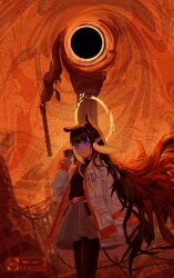 1girl absurdly_long_hair alternate_costume backlighting belt black_hair black_hole black_pantyhose black_shirt blue_eyes blunt_bangs bright_pupils broken_halo cardiogram_print cowboy_shot floating_hair glowing glowing_eyes grey_skirt halo highres hololive hololive_english ika--1024 jacket long_hair ninomae_ina&#039;nis orange_background orange_hair pantyhose pointy_ears shirt skirt solo tentacle_hair very_long_hair virtual_youtuber white_jacket