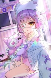 1girl animal_hat blush cardigan cat cat_hat chest_harness eyepatch hair_ornament hana_s harness hat highres indoors looking_at_viewer medical_eyepatch open_mouth purple_hair purple_shirt shinomiya_runa shinomiya_runa_(4th_costume) shirt solo stuffed_animal stuffed_toy t-shirt thigh_strap virtual_youtuber vspo! watermark white_cardigan white_hat yellow_eyes