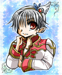 Rule 34 | 1boy, 2000s (style), blue background, brown hairband, closed mouth, coat, commentary request, earclip, feather hair ornament, feathers, gold trim, grey hair, hair ornament, hair over one eye, hairband, hand on own chin, high priest (ragnarok online), long sleeves, looking at viewer, lowres, male focus, multicolored coat, pointy ears, ragnarok online, red coat, red eyes, short hair, smile, solo, tomiya airu, two-tone coat, upper body, white coat