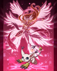 1girl angel angewomon animal_hands blonde_hair blue_eyes body_fur bodysuit breasts cat cleavage covered_eyes digimon digimon_(creature) digimon_adventure evolutionary_line full_body gloves helmet helmet_over_eyes highres large_breasts long_hair paw_gloves tail tail_ornament tail_ring tailmon uchiha_jake whiskers white_bodysuit white_fur winged_helmet
