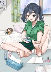 1girl applying_pedicure barefoot bed black_eyes black_hair character_doll clipping_nails clipping_toenails cosmetics curtains cutting_nails foot_focus green_hakama green_kimono hakama hakama_short_skirt hakama_skirt highres hiryuu_(kancolle) japanese_clothes kantai_collection kimono long_hair nail_clippers nail_polish_bottle panties pantyshot paper shiratsuki_azu sitting skirt soles solo souryuu_(kancolle) tissue_box toes twintails underwear white_panties window