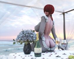 1girl ass breasts butt_crack curvy dress female_focus flower from_behind glass huge_ass huge_breasts large_breasts long_hair looking_at_viewer looking_back outdoors pale_skin petals ponytail red_hair see-through_clothes shermie_(kof) sitting sky skyarsenic skyarsenic_(artist) smile smiley_face the_king_of_fighters thick_thighs thighs twintails wide_hips