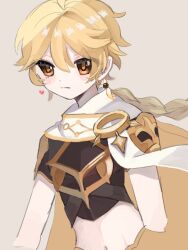 1boy aether_(genshin_impact) ahoge armor blonde_hair blush braid brown_shirt closed_mouth earrings floating_hair genshin_impact grey_background hair_between_eyes heart highres jewelry long_hair looking_at_viewer male_focus midriff navel orange_eyes scarf shirt short_sleeves shoulder_armor simple_background single_earring solo upper_body white_scarf