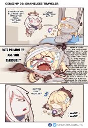 2girls angry artist_name bandaged_arm bandaged_head bandaged_leg bandaged_neck bandages bed black_eyes blonde_hair bloodshot_eyes blue_scarf brown_gloves brown_pants brown_shirt coin comic dress egg_(food) english_text engrish_text floating flower food genshin_impact gloves hair_flower hair_ornament highres indoors kinohara_kossuta looking_down lumine_(genshin_impact) motion_lines multiple_girls on_floor orange_pupils paimon_(genshin_impact) pants pillow pointing ranguage scarf shirt speech_bubble speed_lines tears teeth tongue truth upper_teeth_only white_dress white_hair yellow_eyes