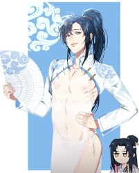 Rule 34 | 2boys, absurdres, ahoge, bishounen, black hair, blue background, chibi, chibi inset, chinese clothes, cleavage cutout, closed mouth, clothing cutout, cloud print, collarbone, covered erect nipples, covered navel, cowboy shot, crossdressing, dress, folding fan, glowstick, grey eyes, groin, hand fan, hand on own hip, headband, high ponytail, highres, holding, holding fan, holding glowstick, implied yaoi, jujeop, korean commentary, lan wangji, lips, long hair, long sleeves, looking at another, looking at viewer, male focus, modao zushi, multiple boys, navel, nipples, panties, pectoral cleavage, pectorals, pelvic curtain, ponytail, revealing clothes, see-through clothes, see-through dress, shrug (clothing), side slit, sidelocks, smile, topknot, trap, underwear, wei wuxian, white dress, white headband, white panties, white shrug, xiangyun, yellow eyes
