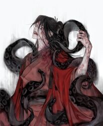 Rule 34 | 1boy, absurdres, black hair, blood, blood on arm, blood on clothes, blood on face, blood on hands, blood on neck, blood splatter, chinese clothes, chinese commentary, coat, creature, cuts, dao gui yi xian, hair between eyes, hair bun, hair ornament, hair stick, half updo, hand up, hanfu, highres, holding, holding tentacle, injury, li huowang, li sui (tentacles), long hair, long sleeves, looking at viewer, male focus, open clothes, open coat, red coat, red hanfu, robe, sash, simple background, single hair bun, solo, suction cups, teeth, tentacle grab, tentacles, tentacles on male, tentacles under clothes, upper body, weiyexy, white background, wide sleeves