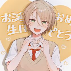1boy :d blonde_hair c54chu0113 collared_shirt earrings ensemble_stars! green_eyes hair_between_eyes hands_up happy heart heart_background heart_hands highres jewelry light_blush looking_at_viewer male_focus necktie open_mouth popped_collar red_necktie shiratori_aira_(ensemble_stars!) shirt short_sleeves smile solo straight-on sweater_vest teeth upper_body upper_teeth_only white_background white_shirt wing_collar yellow_background yellow_sweater_vest