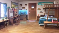 analog_clock apartment aquarium bedroom book box cardboard_box clock coffee_maker computer curtains day desk highres indoors laptop map_(object) model_ship no_humans non-web_source official_art our_life:_beginnings_and_always plant potted_plant rug scenery seashell shelf shell surfboard window wooden_chair wooden_door wooden_floor