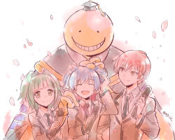 1girl 3boys ageha akabane_karma ansatsu_kyoushitsu artist_name black_necktie blue_hair blunt_bangs falling_petals green_hair grey_jacket hair_intakes hat jacket kayano_kaede koro-sensei kunugigaoka_middle_school_uniform mortarboard multiple_boys necktie open_mouth petals red_hair school_uniform shiota_nagisa shirt short_hair short_twintails simple_background smile twintails white_background white_shirt yellow_eyes