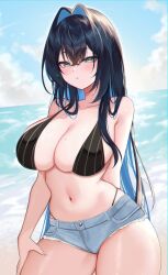 beach bikini black_hair blue_eyes blue_hair breasts cloud denim denim_shorts hand_on_own_thigh hololive hololive_english large_breasts leon_decarabia navel ocean ouro_kronii shorts swimsuit thick_thighs thighs water