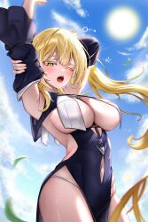 Rule 34 | 1girl, absurdres, armpits, backless outfit, bare hips, blonde hair, blush, breast curtains, breasts, center-flap bangs, chowol, cirrus clouds, cleavage, clothing cutout, commission, detached sleeves, groin, highres, long hair, looking at viewer, medium breasts, navel, navel cutout, open mouth, original, pelvic curtain, presenting armpit, shiny skin, solo, stretched limb, stretching, sun, teeth, thighs, upper teeth only, yawning, yellow eyes
