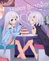 2girls a1352170118 absurdres artist_self-reference bag bare_shoulders barefoot black_cape blue_dress blue_eyes blue_sleeves cake cape chinese_commentary closed_eyes closed_mouth commentary_request detached_sleeves dress flat_chest food frilled_thigh_strap from_side full_body grey_hair hair_ornament happy_birthday highres indoors long_hair long_sleeves mo_nv_zhi_wen_nai_bai_he_zhi_wei multiple_girls open_mouth puffy_long_sleeves puffy_sleeves second-party_source short_hair siblings sisters sitting smile thigh_strap twins unworn_bag white_dress