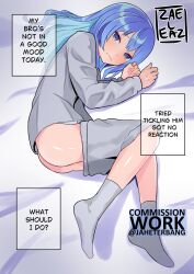 1boy aqua_hair artist_name ass blue_eyes blue_hair closed_mouth clothes_pull colored_inner_hair commission cosplay crossdressing english_text feet from_above grey_shirt grey_shorts grey_socks hololive hoshimachi_suisei hoshimachi_suisei_(cosplay) indoors jaheterbang knees_together_feet_apart long_hair long_sleeves looking_at_viewer lying male_focus multicolored_hair no_shoes on_bed on_side ringed_eyes shadow shirt shorts shorts_pull signature socks solo trap twitter_username virtual_youtuber