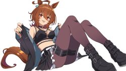 1girl agnes_tachyon_(umamusume) ahoge alternate_costume animal_ears belt belt_buckle black_boots black_coat black_nails black_thighhighs boots brown_hair buckle choker coat earrings fishnet_top fishnets frilled_skirt frills gothic_lolita highres horse_ears horse_girl horse_tail huge_ahoge jewelry layered_skirt lolita_fashion multicolored_hair nekoromancer o-ring o-ring_choker piercing pleated_skirt red_eyes single_earring sitting skirt solo tail thigh_strap thighhighs tongue tongue_out tongue_piercing umamusume umamusume:_beginning_of_a_new_era white_belt wolf_cut