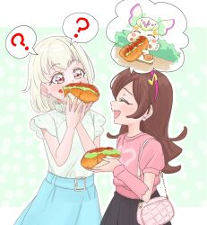 2girls ? akizora_(aki_precure) bag bare_arms belt biting black_skirt blonde_hair blue_skirt blunt_bangs blush bob_cut brown_hair chain dots earrings eating flashback food fortissimo from_side hair_ornament headband heart heart_earrings highres holding holding_food hot_dog jewelry kimi_to_idol_precure long_hair long_skirt long_sleeves multiple_girls musical_note musical_note_hair_ornament parted_bangs pink_bag pink_shirt polka_dot polka_dot_background precure puffy_short_sleeves puffy_sleeves puririn_(human_form) purirun_(precure) red_eyes sakura_uta_(precure) shirt short_sleeves shoulder_bag sideways sideways_face skirt smile talking