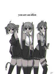Rule 34 | 3girls, ahoge, akita neru, alternate eye color, antenna hair, bare shoulders, black eyes, black skirt, black sleeves, black thighhighs, blank stare, buttons, cellphone, chromatic aberration, collared shirt, detached sleeves, drill hair, feet out of frame, flip phone, greyscale, hair between eyes, hair ornament, hatsune miku, highres, holding, holding phone, kasane teto, light smile, long hair, looking at viewer, monochrome, multiple girls, necktie, o o, phone, seibutsu (kaibu23 seibutu), shirt, side ponytail, signature, skirt, thighhighs, triple baka (vocaloid), twin drills, twintails, utau, vocaloid, white background, you are an idiot (virus)