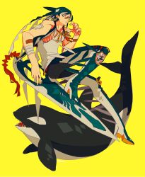 1boy animal bandaged_arm bandages bandaid bandaid_on_arm bandaid_on_face bandaid_on_nose blue_eyes chaps colored_inner_hair commentary_request edarow fins full_body gauze_on_arm head_fins holding holding_weapon jewelry long_hair looking_at_viewer male_focus multicolored_hair necklace orca orca_boy original simple_background solo tank_top very_long_hair weapon yellow_background