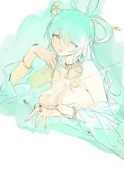 Rule 34 | 1girl, absurdres, blue hair, bracelet, breasts, cerevevisiae, chisel, cigarette, cleavage, closed mouth, hair ornament, hair rings, hair stick, highres, jewelry, kaku seiga, large breasts, looking at viewer, medium hair, necklace, smile, smoke, solo, touhou