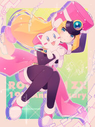 Rule 34 | 1girl, anniversary, black bodysuit, blonde hair, blue eyes, bodysuit, border, gradient background, green background, hat, high-waist skirt, highres, holding, holding stuffed toy, jacket, long hair, mega man (series), mega man zx, pink hat, pink jacket, pink shorts, prairie (mega man), robot ears, shadow, shako cap, shizuki airu, shorts, simple background, skirt, stuffed animal, stuffed cat, stuffed toy, yellow background
