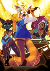 3girls aggressive_retsuko animal_ear_fluff aqua_eyes aqua_hair ass bass_guitar black_gloves blue_skirt boots breasts brown_legwear brown_shirt cat cleavage colored_sclera commission dark-skinned_female dark_skin facial_mark fingerless_gloves forehead_mark furry furry_female gloves glowing glowing_eyes high_heels highres holding holding_microphone instrument mae_borowski marina_(splatoon) microphone mole mole_under_mouth multicolored_hair multiple_girls night_in_the_woods nintendo nitw octoling open_mouth pants pencil_skirt phonograph plectrum purple_hair red_eyes red_hair red_pants retsuko rock_band screaming shirt skirt splatoon_(series) stage standing tail tentacle_hair thighhighs tovio_rogers turntable twisted_torso two-tone_hair yellow_background yellow_sclera zipper