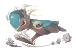 claws closed_mouth commentary cranidos dust english_commentary full_body gen_4_pokemon motion_blur nintendo no_humans nostrils pokemon pokemon_(creature) pursuit_(pokemon) red_eyes running simple_background solo transparent_background twarda8