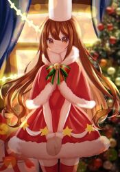 Rule 34 | 1girl, artist request, brown eyes, brown hair, capelet, christmas, christmas tree, cocoa cookie, cookie run, dress, gloves, hat, humanization, long hair, looking at viewer, non-web source, nontraditional miko, official alternate costume, solo, source request, very long hair, white gloves