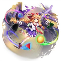 1girl adapted_costume black_jacket bow brown_horns brown_shoes building chain closed_mouth collarbone collared_shirt fang fang_out full_body game_cg hair_bow hair_ribbon highres horn_ornament horn_ribbon horns ibuki_suika ibuki_suika_(vanishing_go-home_club_president) jacket loafers long_hair long_sleeves looking_at_viewer loose_necktie low-tied_long_hair musical_note necktie official_art oni open_clothes open_jacket orange_eyes orange_hair purple_ribbon purple_skirt red_bow red_necktie ribbon ribbon-trimmed_skirt ribbon_trim rotte_(1109) school_uniform shirt shoes skirt sleeves_past_fingers sleeves_past_wrists socks solo star_(symbol) third-party_source touhou touhou_lostword transparent_background very_long_hair white_shirt white_socks wrapped_bento
