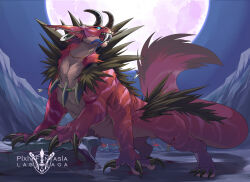 arrow_(projectile) battlefield bleeding blood blood_on_face commentary_request full_moon implied_murder jewelry ketaru monster moon necklace night no_humans outdoors pixiv_fantasia pixiv_fantasia_last_saga stab standing valo_le_kie