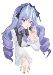 1girl absurdres angel_no_shousou black_nails blush breasts brooch closed_mouth collared_shirt commentary_request cropped_torso drill_hair finger_to_mouth hair_ribbon highres jewelry long_hair long_sleeves looking_at_viewer medium_breasts multicolored_hair nail_polish pointy_ears purple_hair red_eyes ribbon shirt simple_background smile solo streaked_hair tongue tongue_out twin_drills vivian_banshee white_background white_shirt zenless_zone_zero