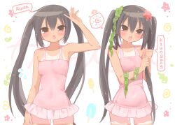 1girl black_hair brown_eyes covered_navel cowboy_shot flat_chest frilled_one-piece_swimsuit frills highres hot k-on! long_hair mipi_(u3u_00) multiple_views nakano_azusa one-piece_swimsuit pink_one-piece_swimsuit seaweed simple_background speech_bubble starfish sweat swimsuit tan tanline twintails wet white_background