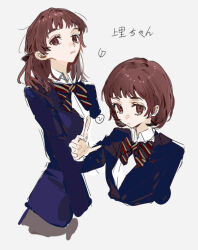 1girl bow bowtie brown_eyes brown_hair collared_shirt genderswap genderswap_(mtf) grey_background index_finger_raised jacket kamisato_kakeru long_sleeves multiple_views parted_lips qyzhiaiyisheng school_uniform shirt short_hair simple_background sketch striped_bow toaru_majutsu_no_index toaru_majutsu_no_index:_new_testament upper_body white_shirt