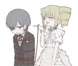 1girl blonde_hair blush bound bow ciel_phantomhive cousins deformed derivative_work dress drill_hair elizabeth_ethel_cordelia_midford eyelashes eyepatch frills gloves hime_lolita jacket jewelry kuroshitsuji lolita_fashion open_mouth ouji_fashion pale_skin photo-referenced shirt simple_background smile string string_of_fate tied_up_(nonsexual) tjdsu69 twintails victorian wedding wedding_dress