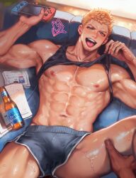 00rux 2boys bara bare_pectorals black_tank_top blonde_hair blue_eyes bottle bulge clothes_lift facial_hair final_fantasy final_fantasy_vii final_fantasy_vii_ever_crisis glenn_lodbrok grey_shorts handheld_game_console highres holding holding_handheld_game_console male_focus multiple_boys muscular muscular_male nintendo_switch open_mouth pectorals short_hair shorts smile solo_focus tank_top yaoi