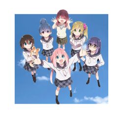 6+girls absurdres black-framed_eyewear black_hair blonde_hair blue_eyes blue_hair blue_sky breasts brown_eyes brown_hair chikuwa_(yurucamp) closed_eyes closed_mouth cloud glasses green_eyes hair_between_eyes hair_bun highres inuyama_aoi kagamihara_nadeshiko large_breasts loafers long_hair long_sleeves looking_at_viewer looking_up motosu_school_uniform multiple_girls oogaki_chiaki open_mouth pink_hair plaid_clothes plaid_skirt purple_eyes purple_hair sailor_collar saitou_ena school_uniform serafuku shima_rin shirt shoes short_hair side_ponytail signature single_hair_bun skirt sky smile socks sweater_vest thick_eyebrows toki_ayano yas_(yosiyasuyasu) yurucamp
