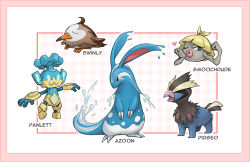 azumarill bird border character_name claws closed_eyes closed_mouth commentary deino_(pokemon) framed fusion gen_1_pokemon gen_2_pokemon gen_3_pokemon gen_4_pokemon gen_5_pokemon geodude golett heart kazuko_(towa) linoone nintendo no_humans panpour pidgey pink_border pokemon pokemon_(creature) smoochum starly swinub water