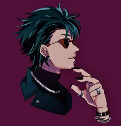 1boy absurdres black_nails black_turtleneck bracelet commentary_request ear_piercing earrings face_piercing green_hair highres jewelry kawakami_bansai lip_piercing male_focus mgmg_tbtb2323 nail_polish necklace piercing profile purple_background ring solo sunglasses yin_yang yin_yang_earrings
