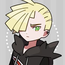 Rule 34 | 1boy, ahoge, black shirt, blonde hair, closed mouth, eneko (olavcnkrpucl16a), expressionless, gladion (pokemon), green eyes, grey background, hair over one eye, highres, hood, hooded vest, hoodie, male focus, nintendo, pokemon, pokemon sm, shirt, short hair, solo, tassel, upper body, vest, wavy eyes