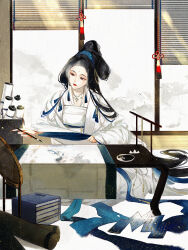 1girl black_hair blue_theme book book_stack bracelet calligraphy_brush chinese_clothes chinese_commentary earrings facial_mark forehead_mark hair_bun half_updo hand_mirror hanfu highres holding holding_calligraphy_brush holding_paintbrush indian_style indoors jewelry lipstick long_hair long_sleeves makeup mirror necklace one_eye_closed original paintbrush paintbrush_rack qingfengche rain red_lips robe scroll sitting solo table tassel tassel_earrings very_long_hair white_robe window window_blinds writing