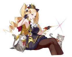 1girl animal_ears armpits ascot bell blonde_hair blue_cape blue_dress blue_gloves blue_hat blush bow bowtie brown_pantyhose cape cat cat_ears cat_tail commentary_request dress drill_hair elbow_gloves fang from_side gloves hair_ornament hair_ribbon hairpin hat highres holding holding_wand jewelry jingle_bell layered_dress long_hair looking_to_the_side one_eye_closed open_mouth opulent_strategist_(shadowverse) pantyhose parted_bangs petticoat red_eyes red_ribbon ribbon ring shadowverse shiro_wa_(shiroshironix) short_dress sketch smug solo tail twin_drills two-sided_cape two-sided_fabric two-tone_dress wand white_ascot white_dress yellow_bow yellow_bowtie yellow_cape