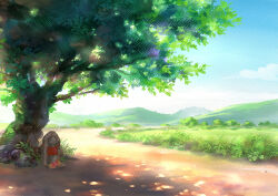 commentary_request dappled_sunlight day jizou mountainous_horizon no_humans original outdoors religious_offering road scenery shade shadow summer sunlight tree yukoiwase