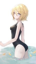 1girl ass black_swimsuit blonde_hair blue_eyes blush breasts commentary covered_erect_nipples elpuchi food fruit hair_ornament hairclip highres kagamine_rin looking_at_viewer looking_back one-piece_swimsuit orange_(fruit) orange_slice revision short_hair small_breasts smile solo swimsuit vocaloid water water_drop wet